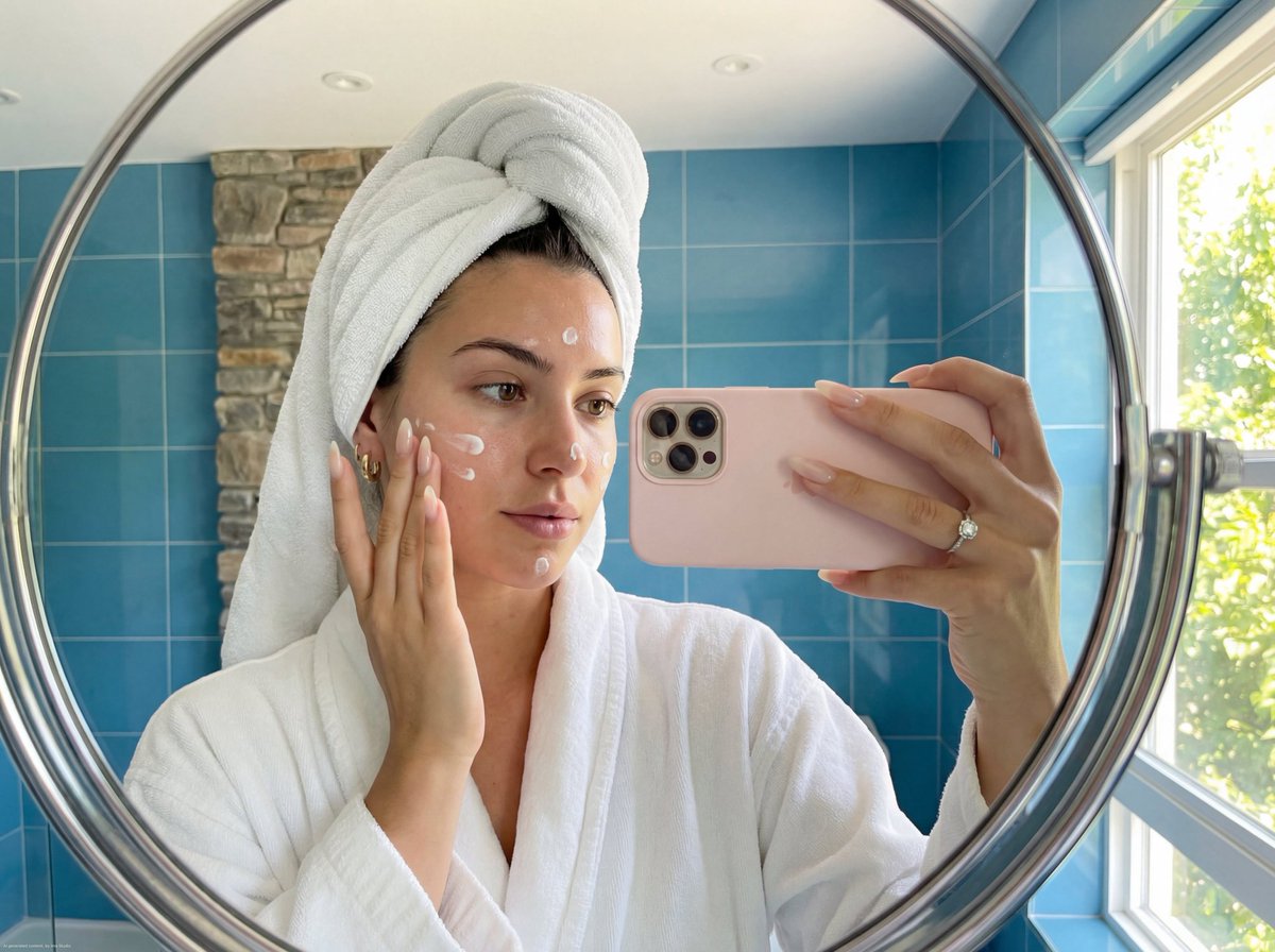 Skincare Mirror Selfie in a Modern Bathroom — output 1