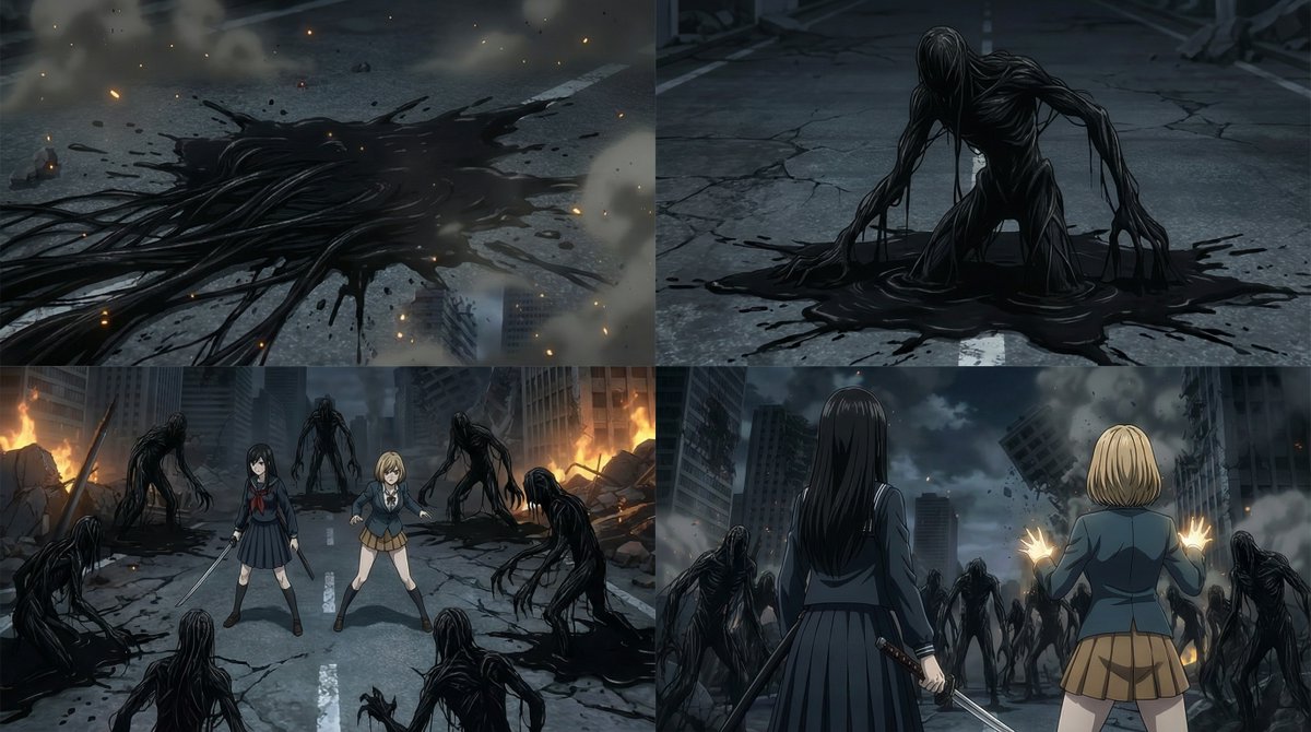 Comic / Storyboard - 2000s OVA Style High School Girl Monster Hunt — output 1
