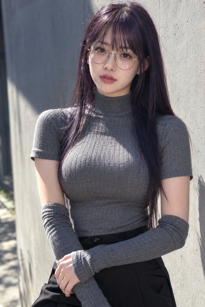 Social Media Post - East Asian Woman in Gray Turtleneck Concrete Wall — output 1
