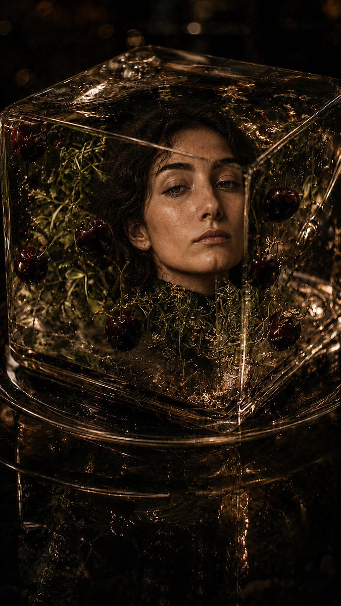 Product Marketing - Woman Encased in Amber Glass Cube — output 1