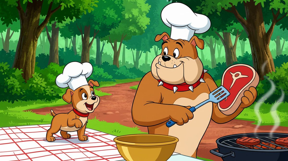 Game Asset - Anthropomorphic Bulldog Barbecue Scene (Classic Cartoon Style) — output 1