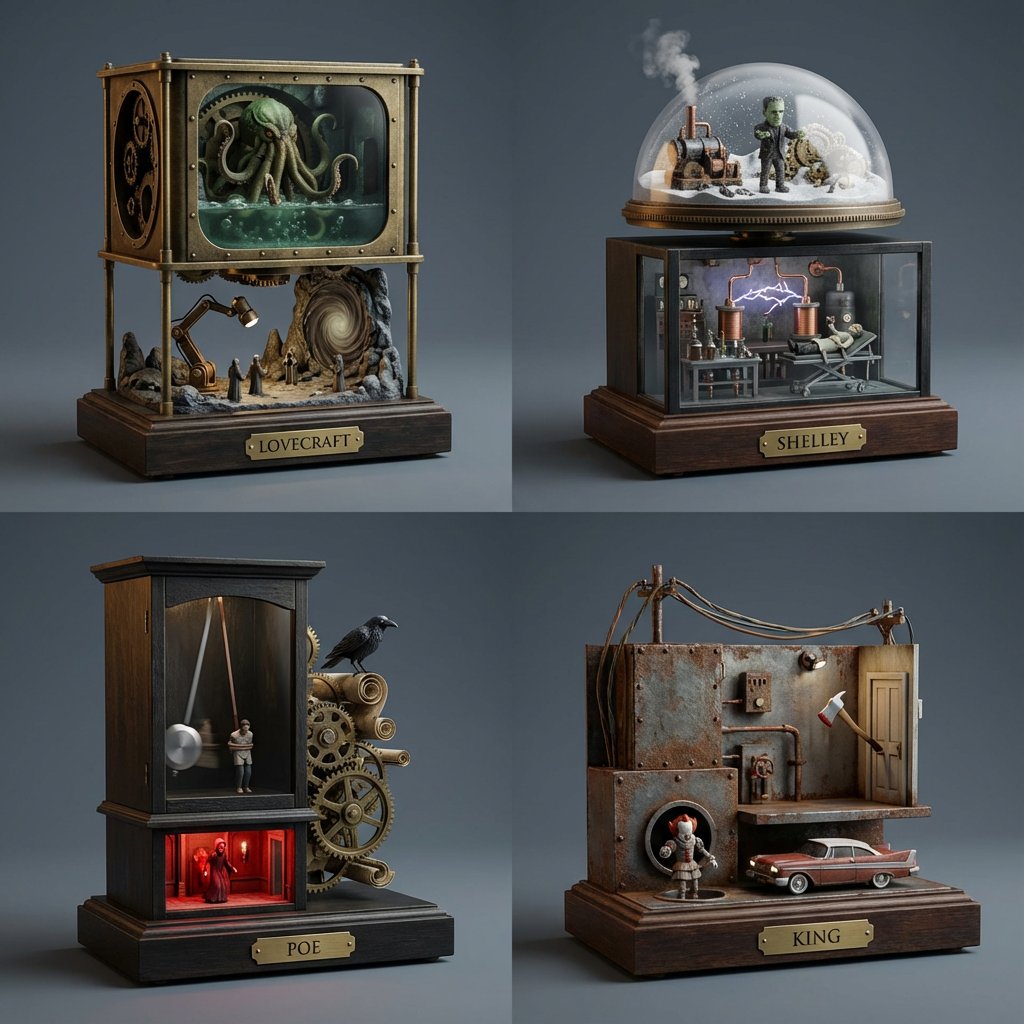 Game Asset - Horror Author Universe Kinetic Sculptures Grid — output 1