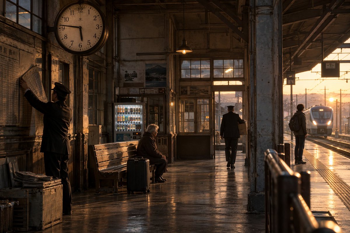 Social Media Post - Old Japanese Station at Sunset — output 1
