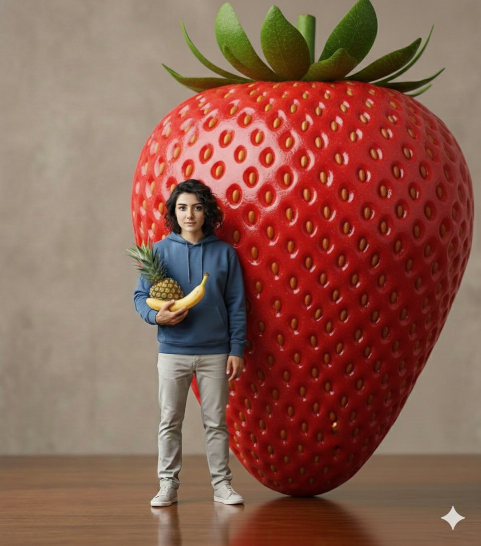 E-commerce Main Image - Hyper-realistic Giant Strawberry with Tiny Subject — output 1