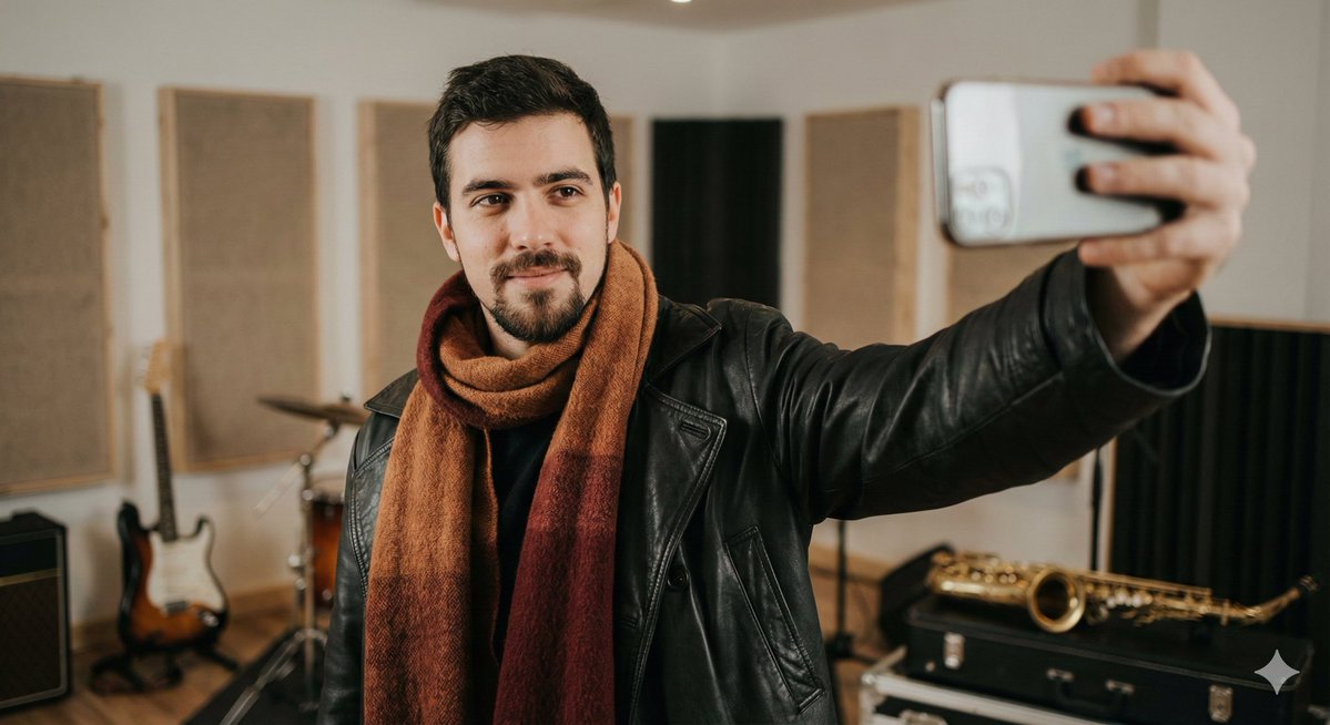 Profile / Avatar - Selfie Portrait in Recording Studio Prompt — output 1