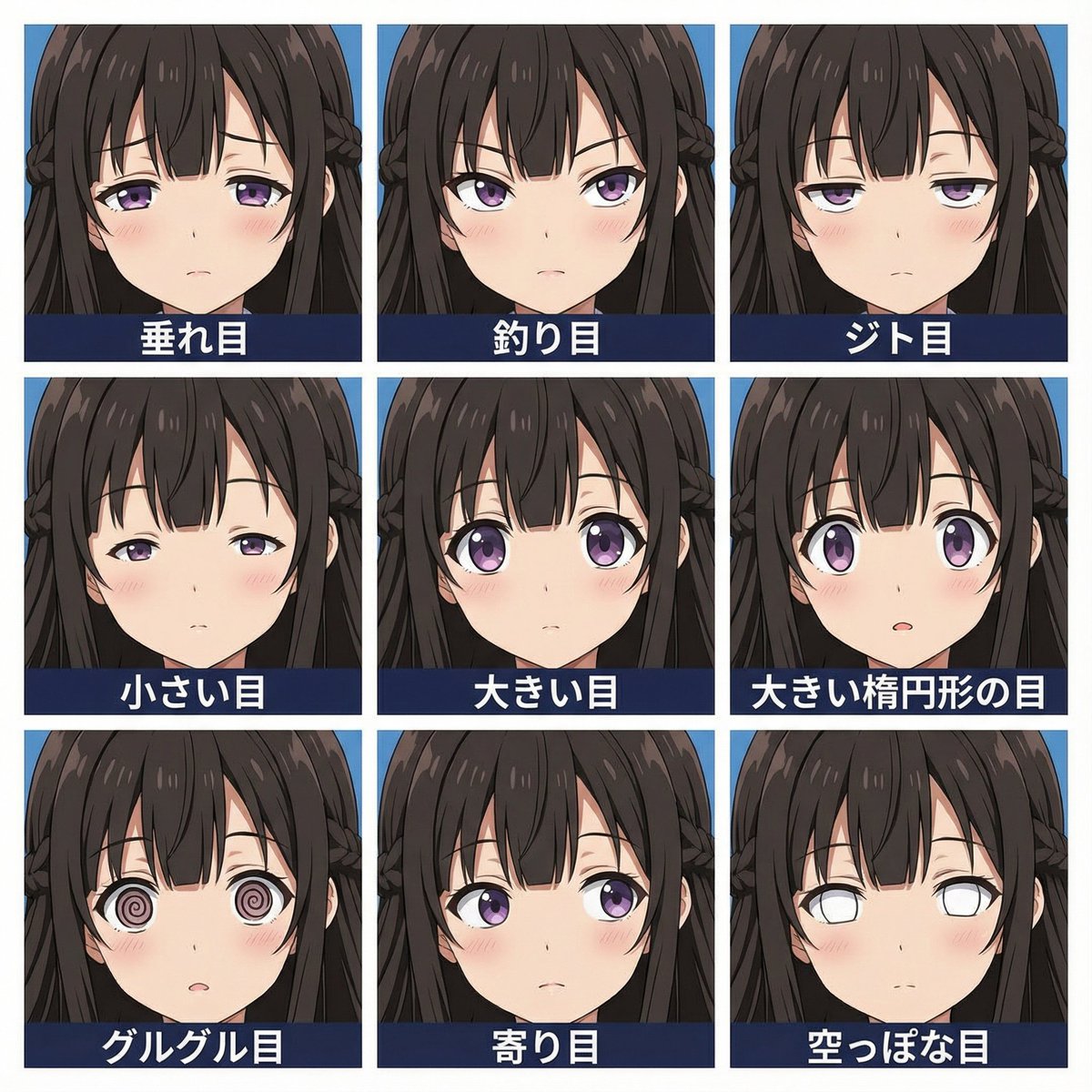 Game Asset - 3x3 Grid Eye Expression Test Prompt (Right Image) — output 1