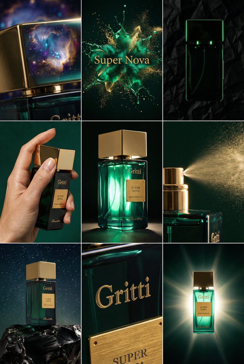 Product Marketing - JSON Prompt for Cinematic Perfume Editorial Grid — output 1