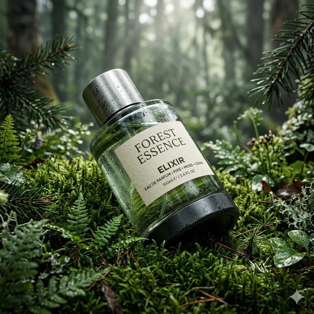 E-commerce Main Image - Ultra-Realistic Forest Essence Elixir Perfume Product Shot — output 1
