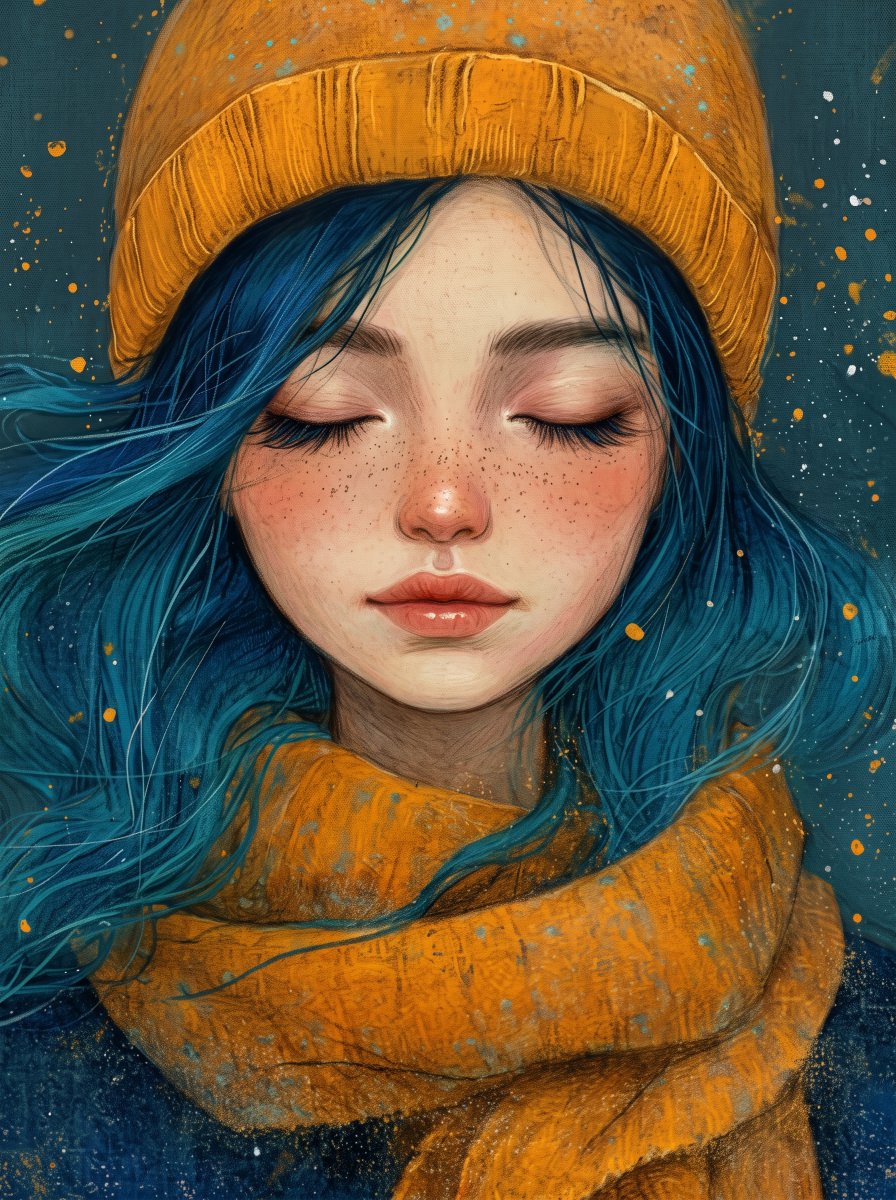 Profile / Avatar - Painterly Portrait with Teal Hair and Mustard Beanie — output 1