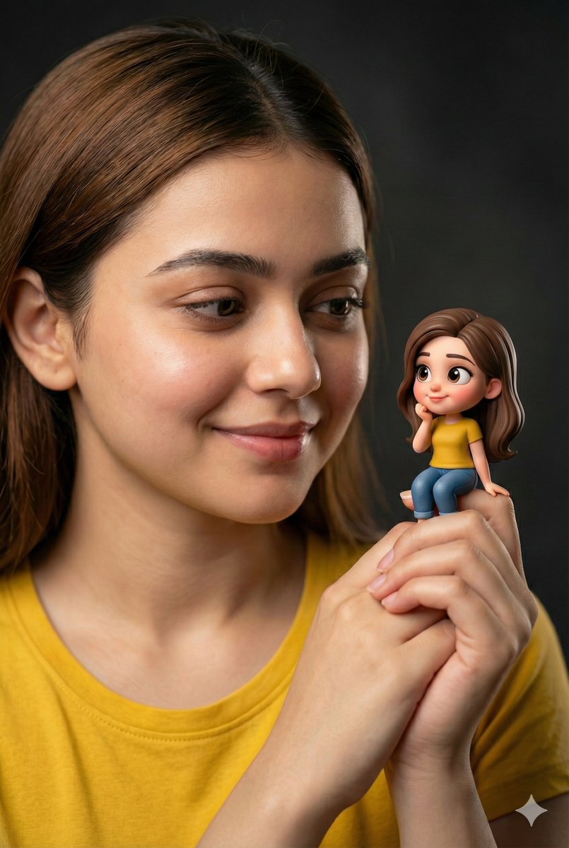 Woman Holding Miniature Figurine Portrait Prompt — output 1