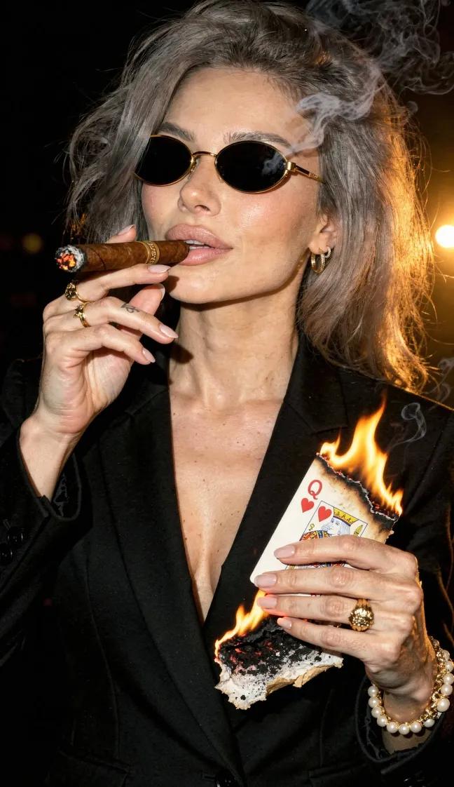 Film Noir Portrait with Cigar and Burning Card — output 1