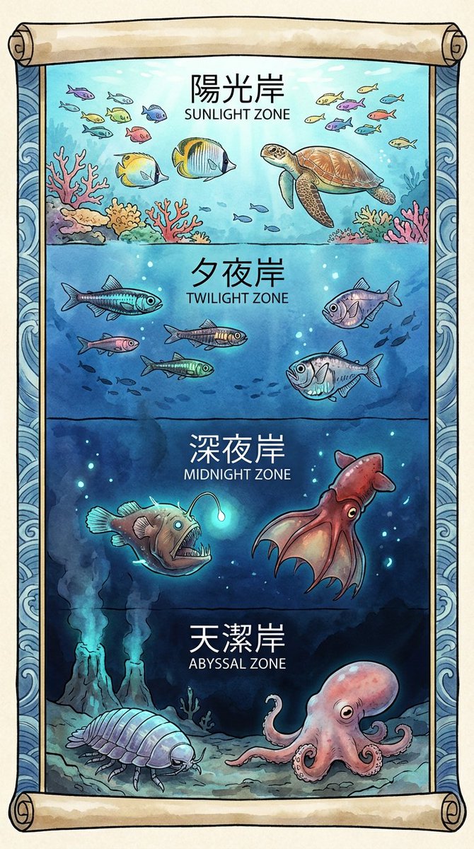 Deep-Sea Creatures Poster in Japanese Anime Style — output 1