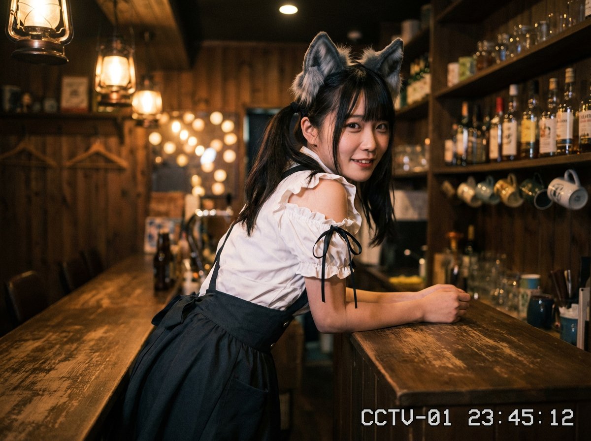 Cozy Maid Café Portrait with CCTV Aesthetic — output 1