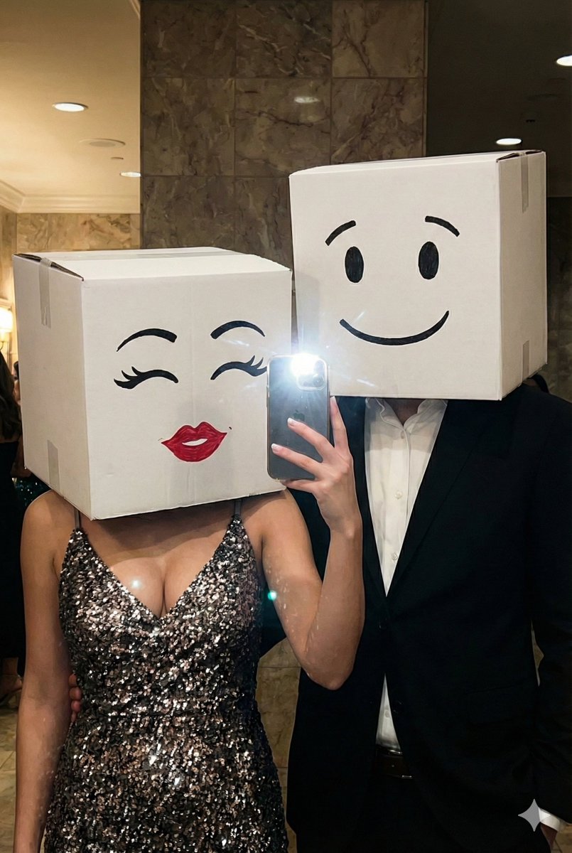 Box-Headed Couple Mirror Selfie Prompt — output 1