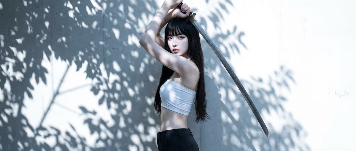 High-Contrast Japanese Beauty Portrait with Katana Pose — output 1