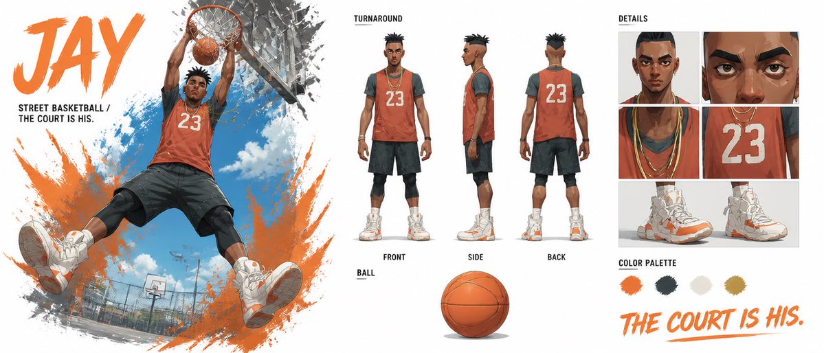 Comic / Storyboard - Basketball Character Bible Sheet — output 1