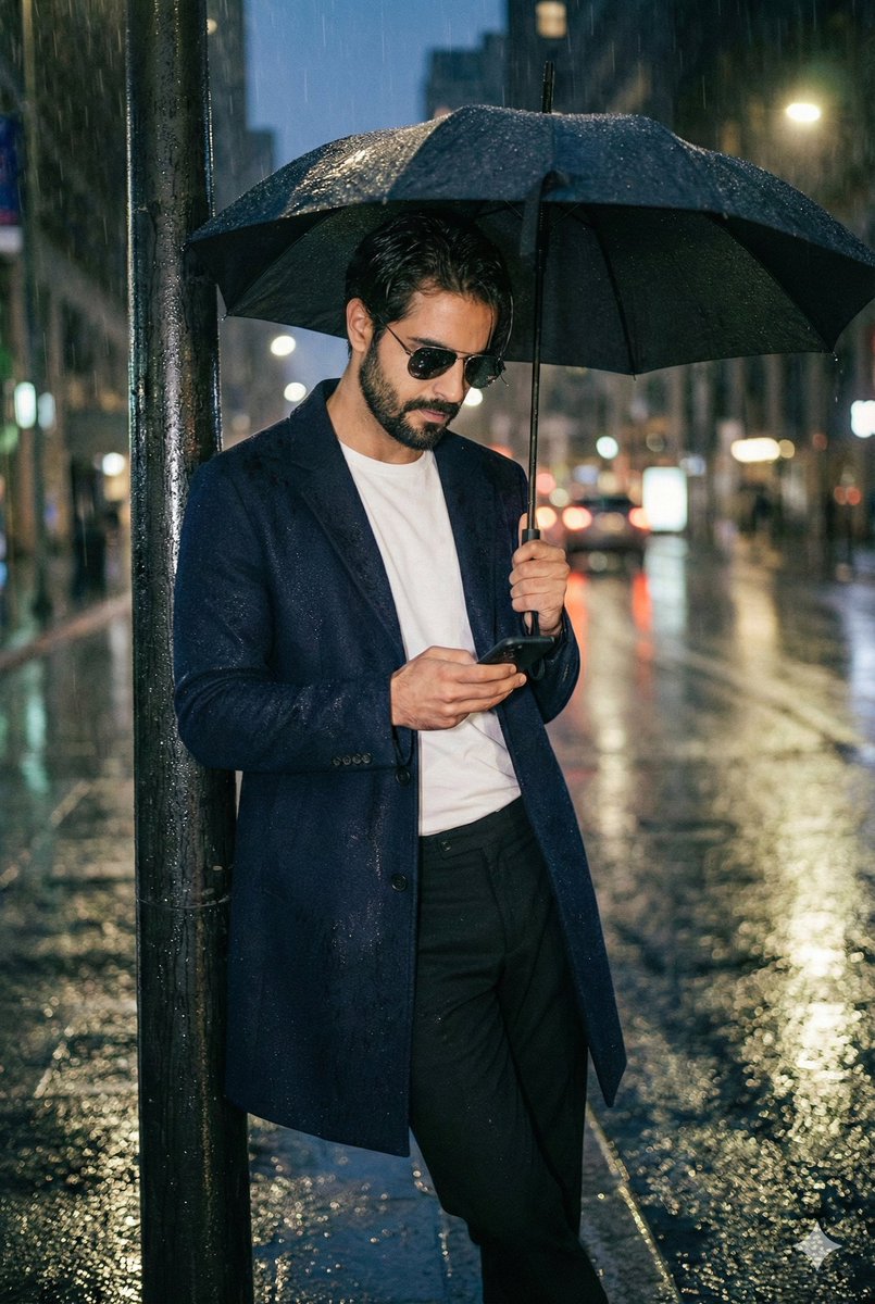 Product Marketing - Cinematic Rainy Night Street Portrait of a Confident Man — output 1