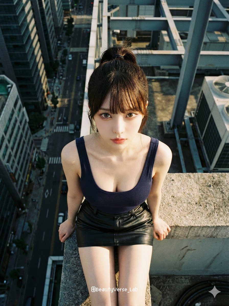 Social Media Post - Extreme Top-Down Skyscraper Edge Portrait Prompt — output 1