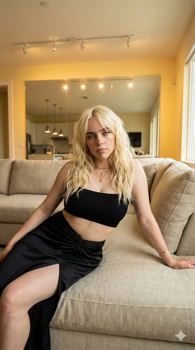Photorealistic Portrait of Billie Eilish in Upscale Modern Living Room — output 1