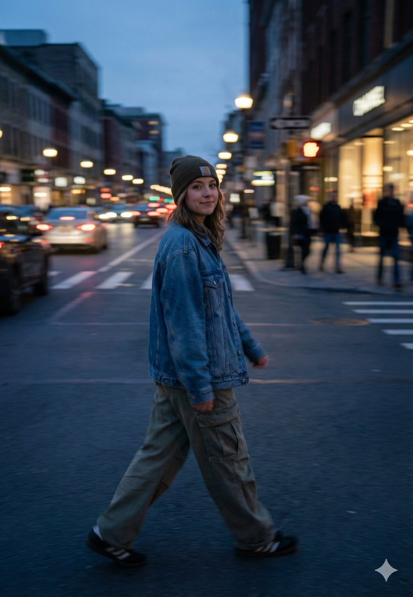 Cinematic Blue Hour Street Portrait Prompt for Nano Banana Pro — output 1