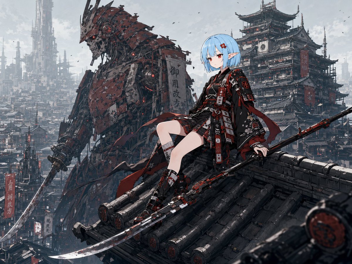Comic / Storyboard - Cyberpunk Samurai Elf on Temple Roof — output 1