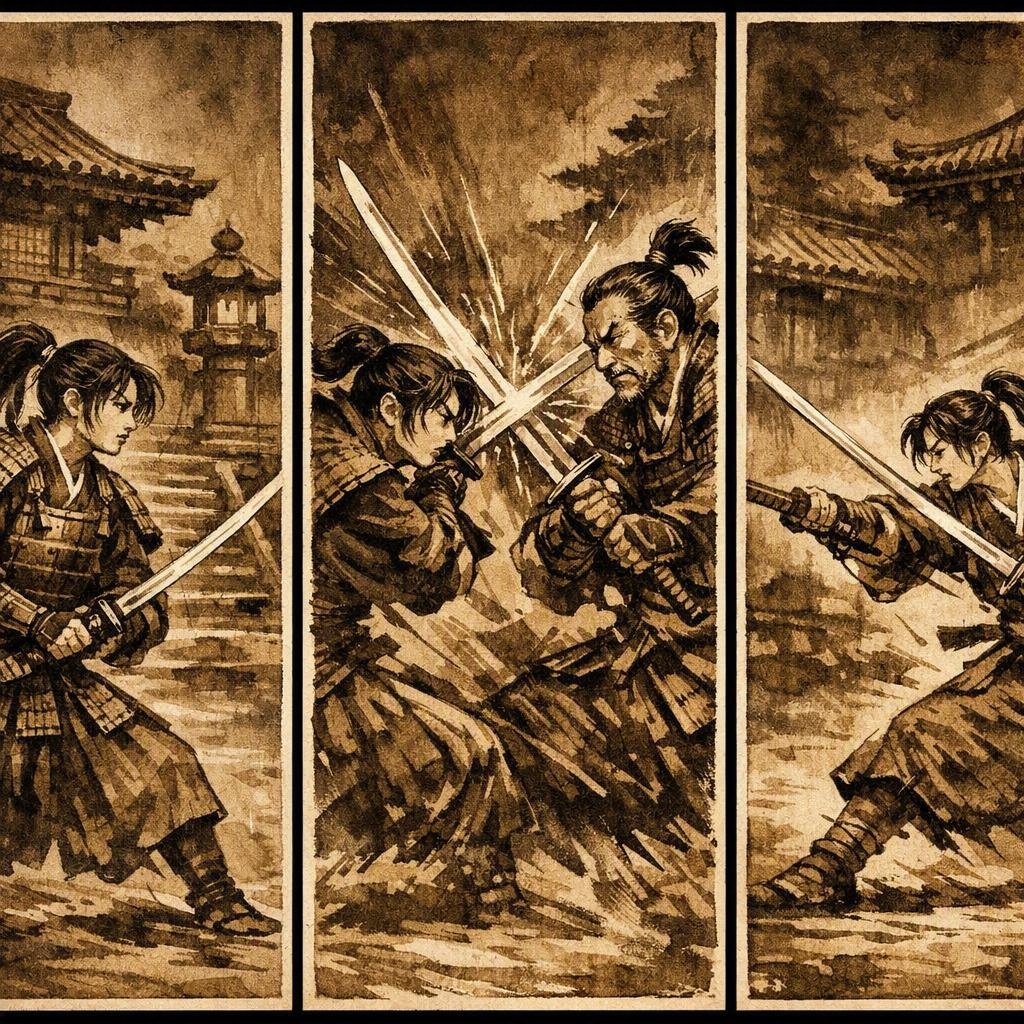Comic / Storyboard - Japanese Samurai Ukiyo-e Triptych — output 1