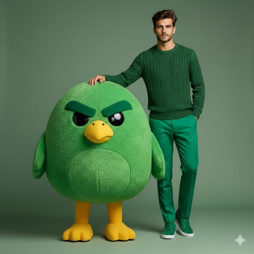 High-end fashion portrait with plush cartoon mascot — output 1