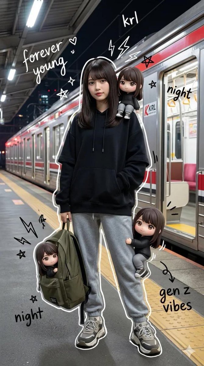 Mixed Media Portrait of Gen Z Teenager with Chibi Companions — output 1