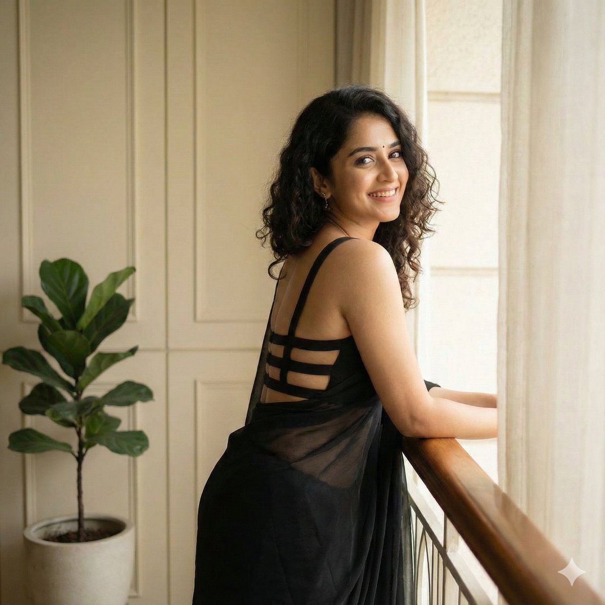 Woman in Backless Saree Leaning on Wooden Railing — output 1