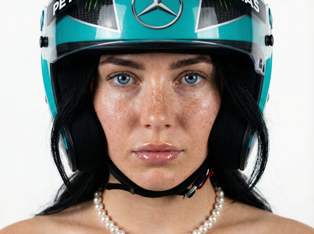Product Marketing - F1 Heiress Editorial Portrait with Racing Helmet and Pearls — output 1