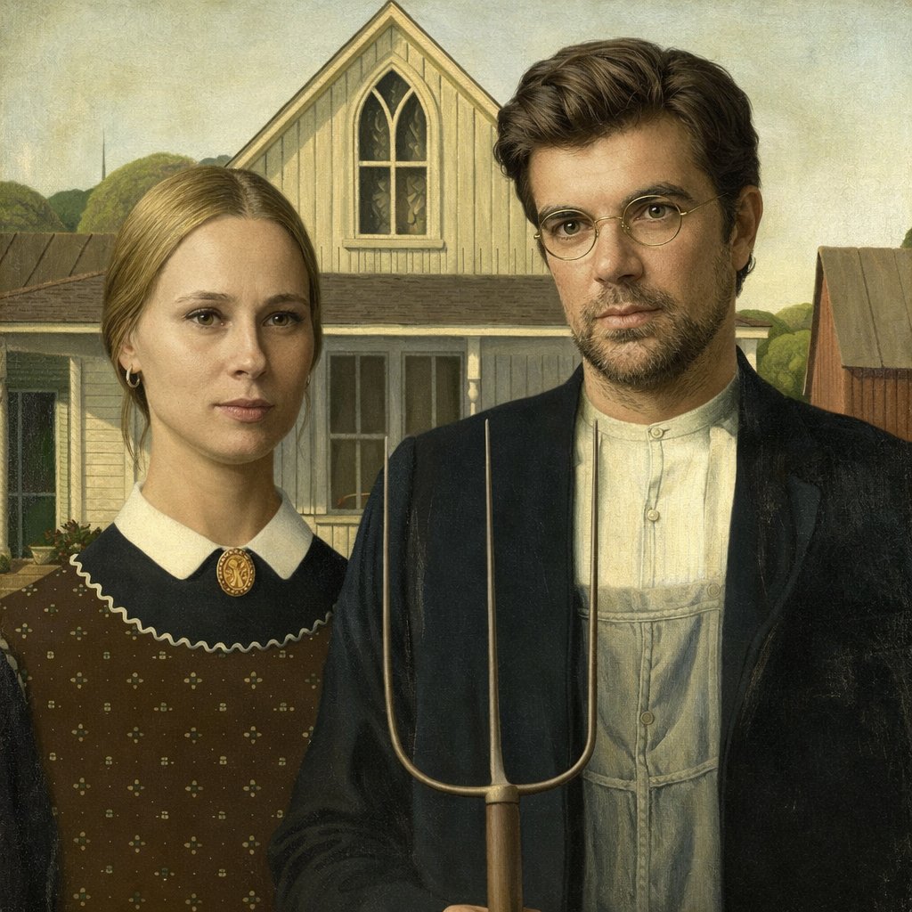 Transform subjects into American Gothic style — output 1