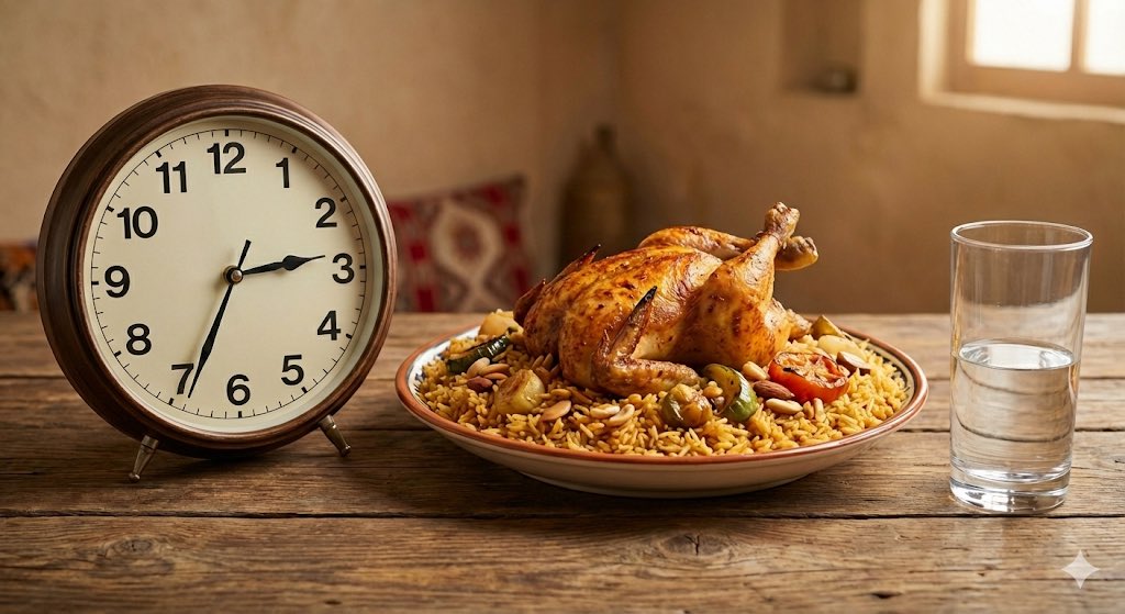 Analog clock and Saudi kabsa meal still life — output 1