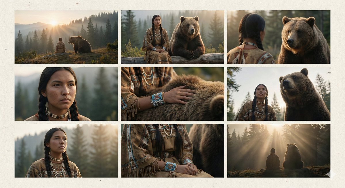Comic / Storyboard - Cinematic Storyboard of Woman and Bear in Forest — output 1