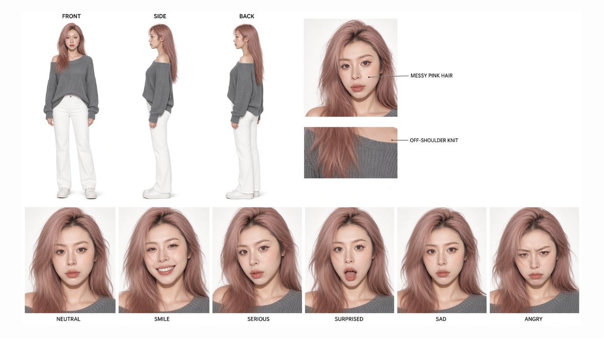 Comic / Storyboard - Pink-Haired Character Reference Sheet — output 1