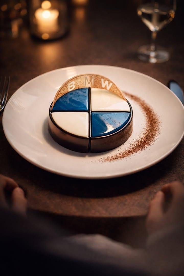 Fine-Dining Dessert Photography of a BMW Logo Mousse Cake — output 1