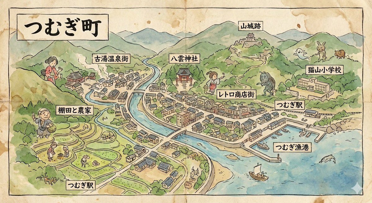 Hand-drawn map of a fictional Japanese town — output 1