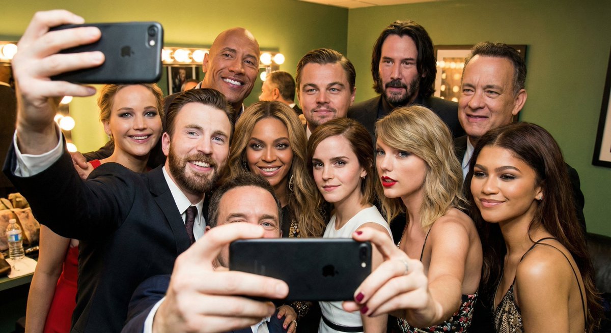 Selfie of multiple random female celebrities — output 1
