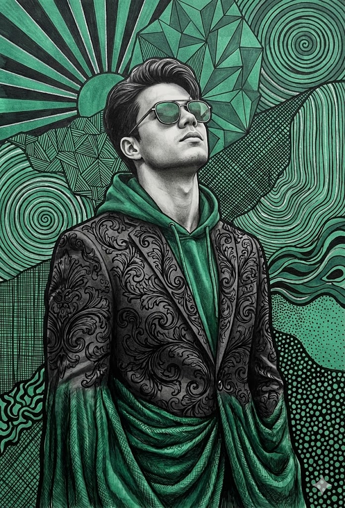 Emerald and Charcoal Mixed-Media Pop Realism Portrait Prompt — output 1