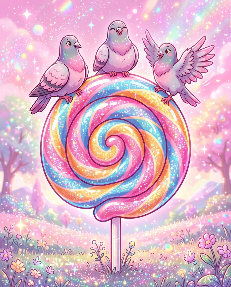 Comic / Storyboard - Whimsical Lollipop and Pigeons Illustration — output 1