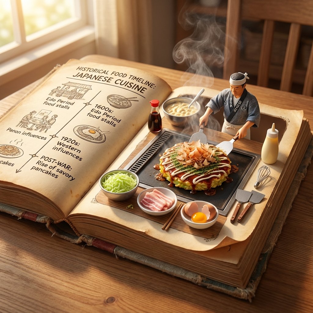 Social Media Post - Vintage Cookbook Food Scene Template (Okonomiyaki) — output 1