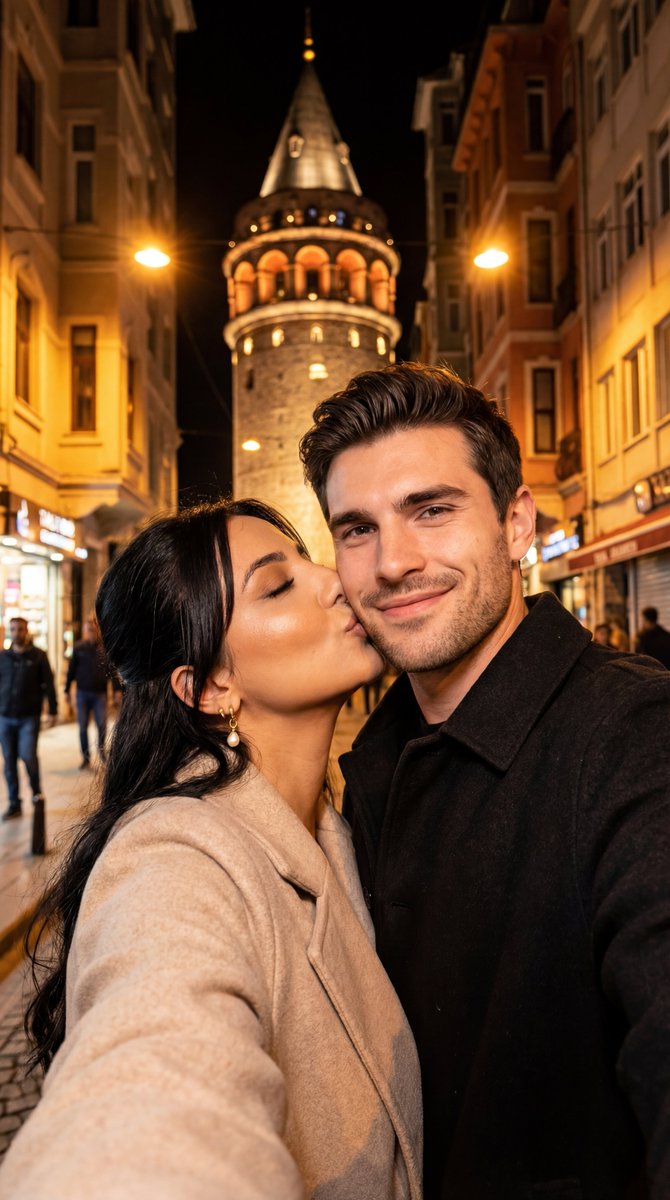 Night City Selfie Kiss Prompt (Galata Tower) — output 1