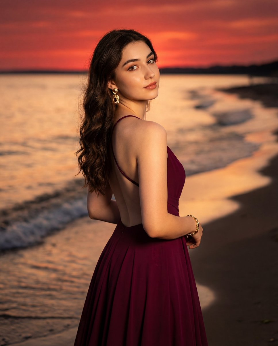 Photorealistic Portrait of a Woman in an Evening Dress at Sunset Beach — output 1