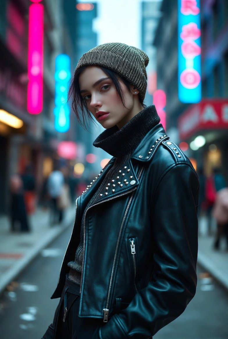 Hyper-realistic portrait of a young woman in street style at night — output 1
