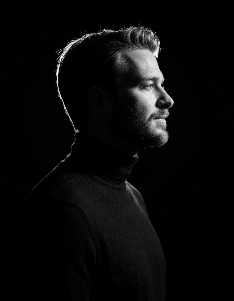 High-contrast rim-lit black and white conceptual side-profile portrait — output 1