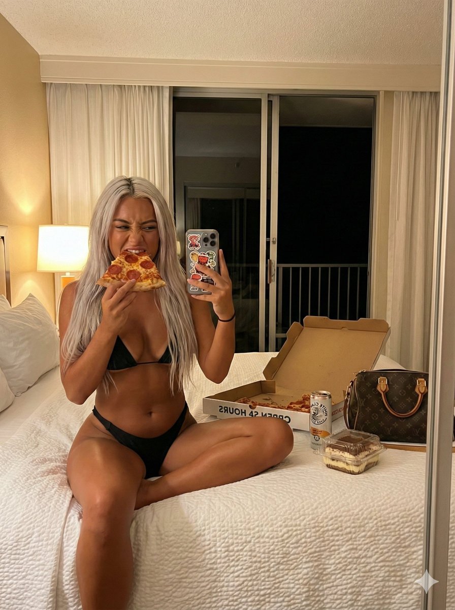 Mirror Selfie While Eating Pizza in a Hotel Room — output 1