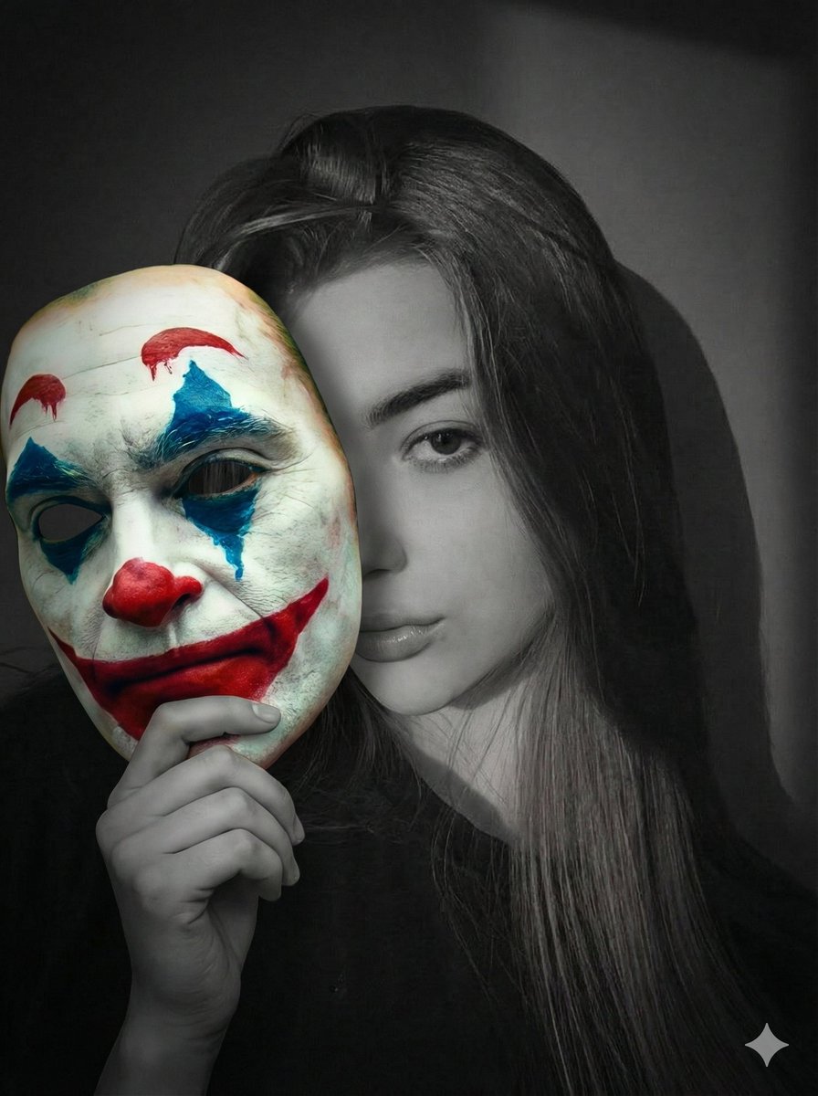Cinematic Portrait Prompt: Grayscale Subject with Colorful Joker Mask — output 1