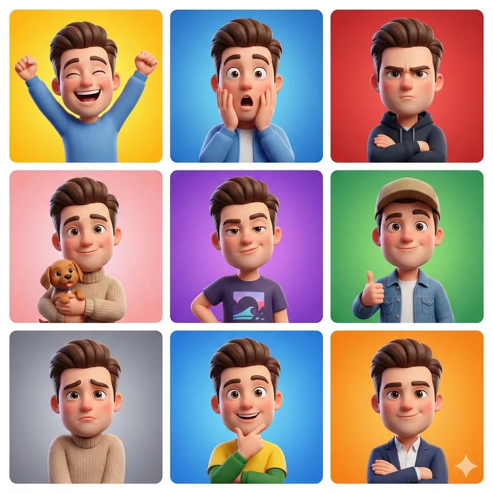 Game Asset - 3D Cartoon Avatar Character Grid Prompt (Pixar Style) — output 1