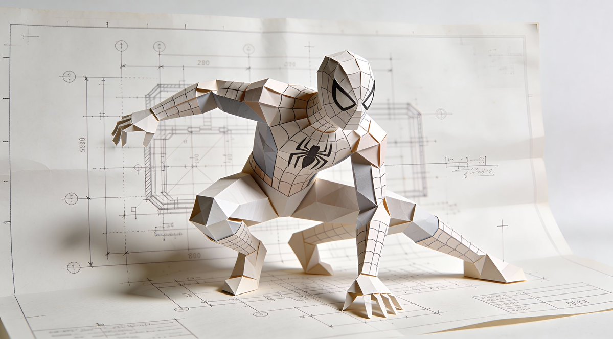 Poster / Flyer - Natural Language Prompt for Spider-Man Folded-Paper Blueprint — output 1