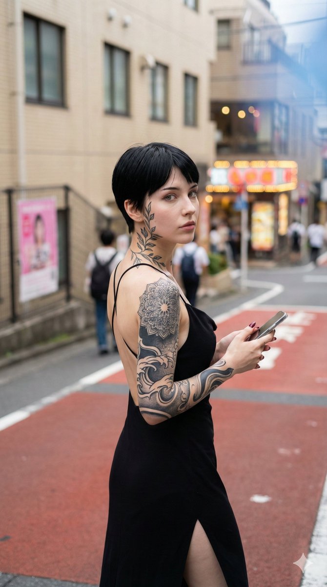 Product Marketing - Photorealistic Snapshot of a Woman with Tattoos in a Japanese Urban Setting — output 1