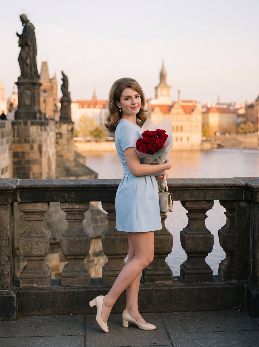 Editorial Photograph of Woman with Roses in Prague (JSON) — output 1